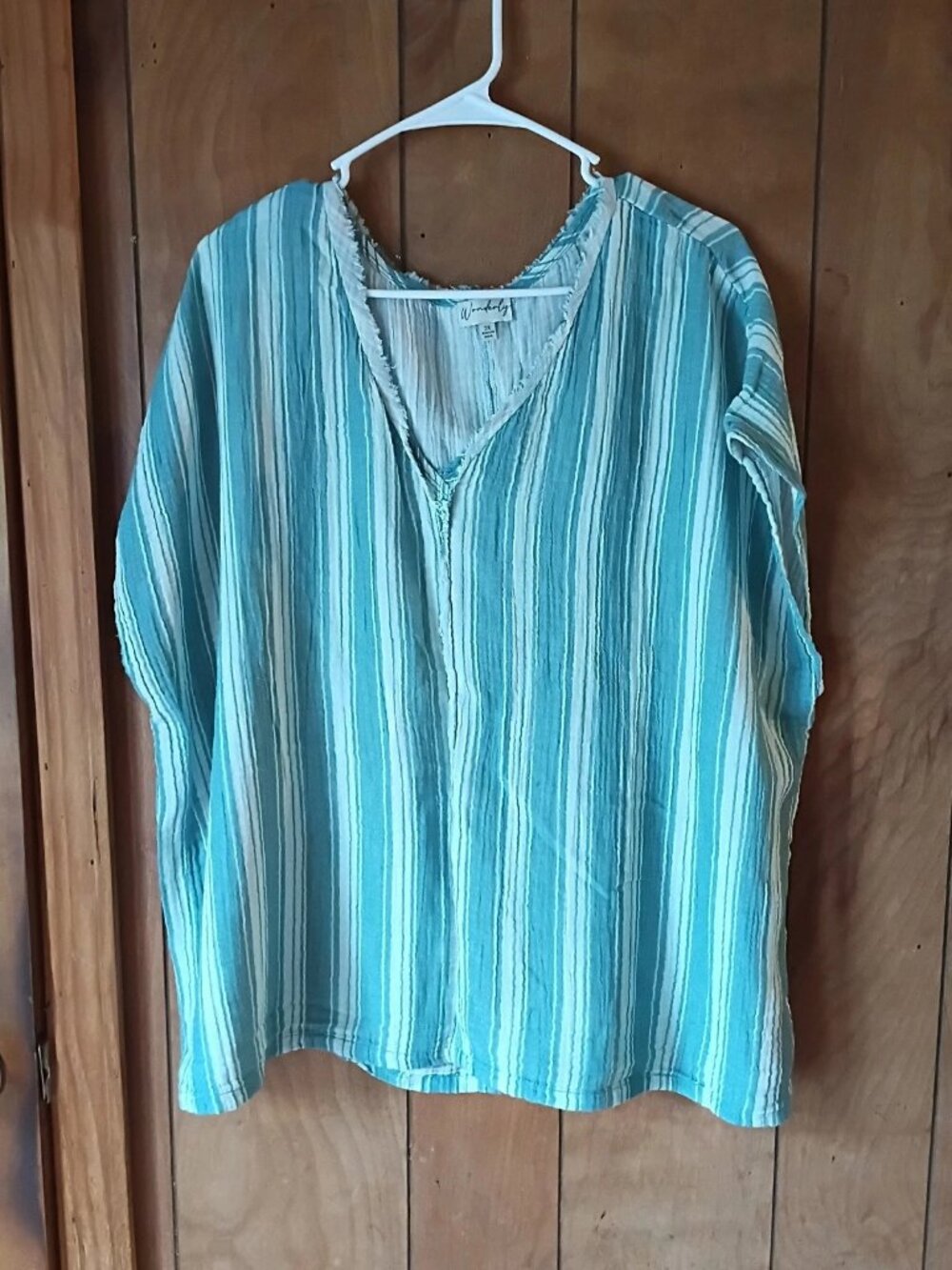 Wonderly Women's 2X Green White Striped Cotton V-Neck Short Sleeve Blouse